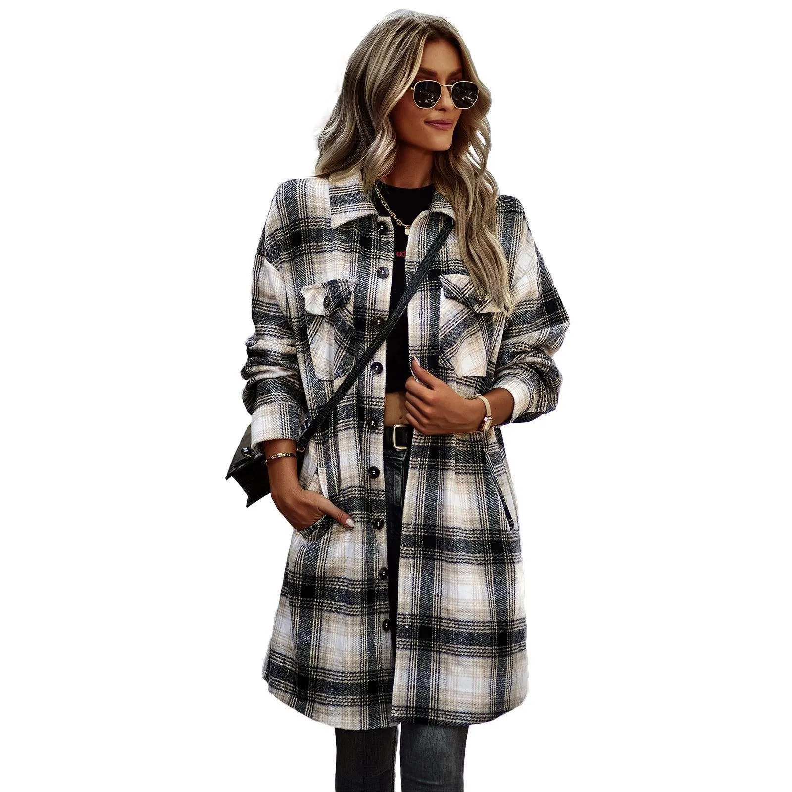 Temperament Long Plaid Woolen Cardigan Coat