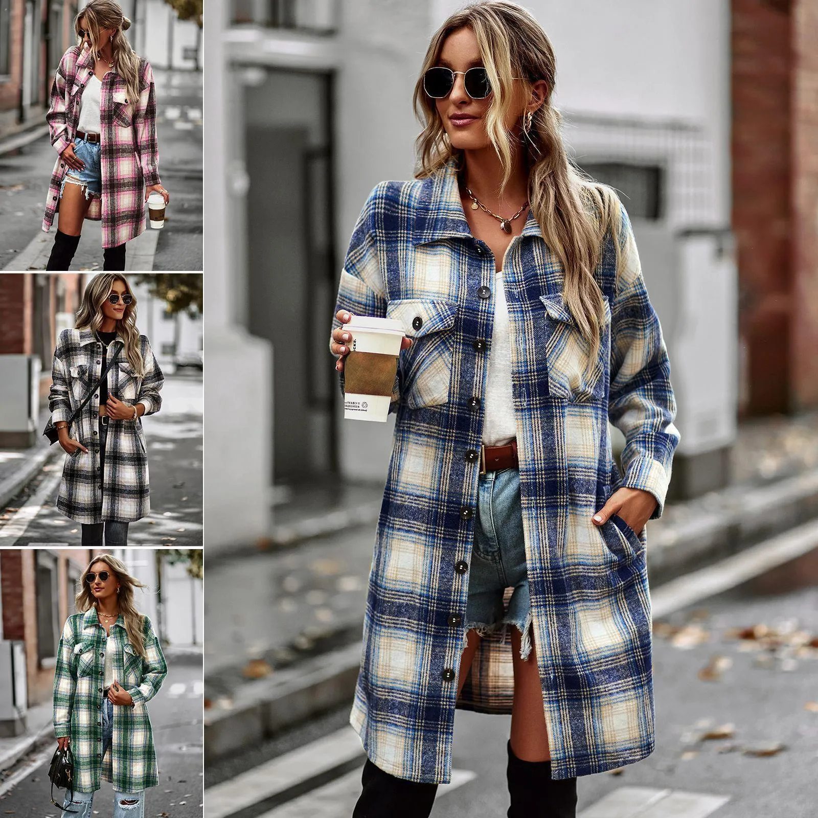 Temperament Long Plaid Woolen Cardigan Coat