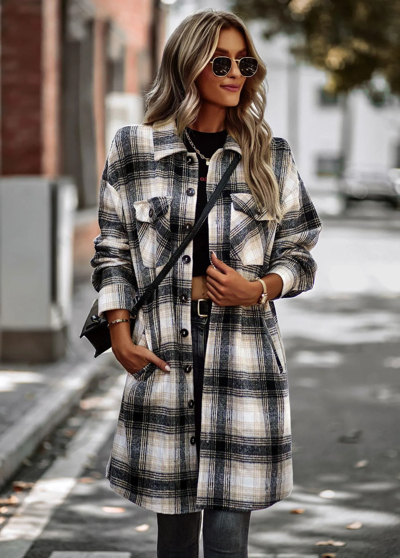 Temperament Long Plaid Woolen Cardigan Coat