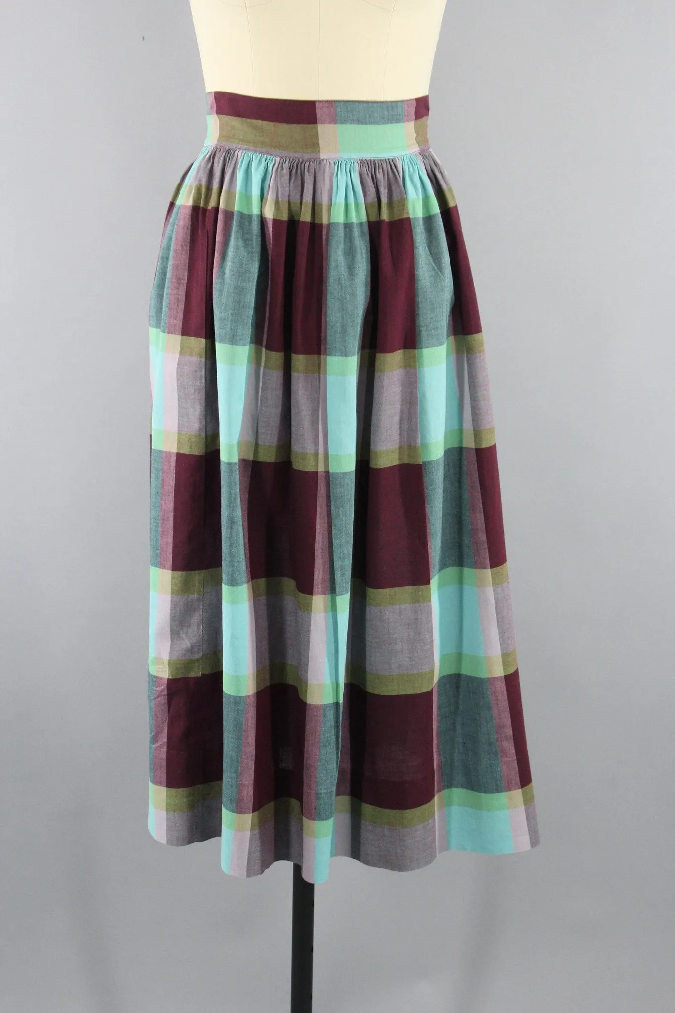 Vintage 1950 Maroon & Aqua Madras Plaid Cotton Midi Skirt