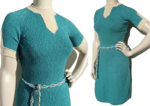 Vintage 50s Dress Turquoise Knit Handmade S XS