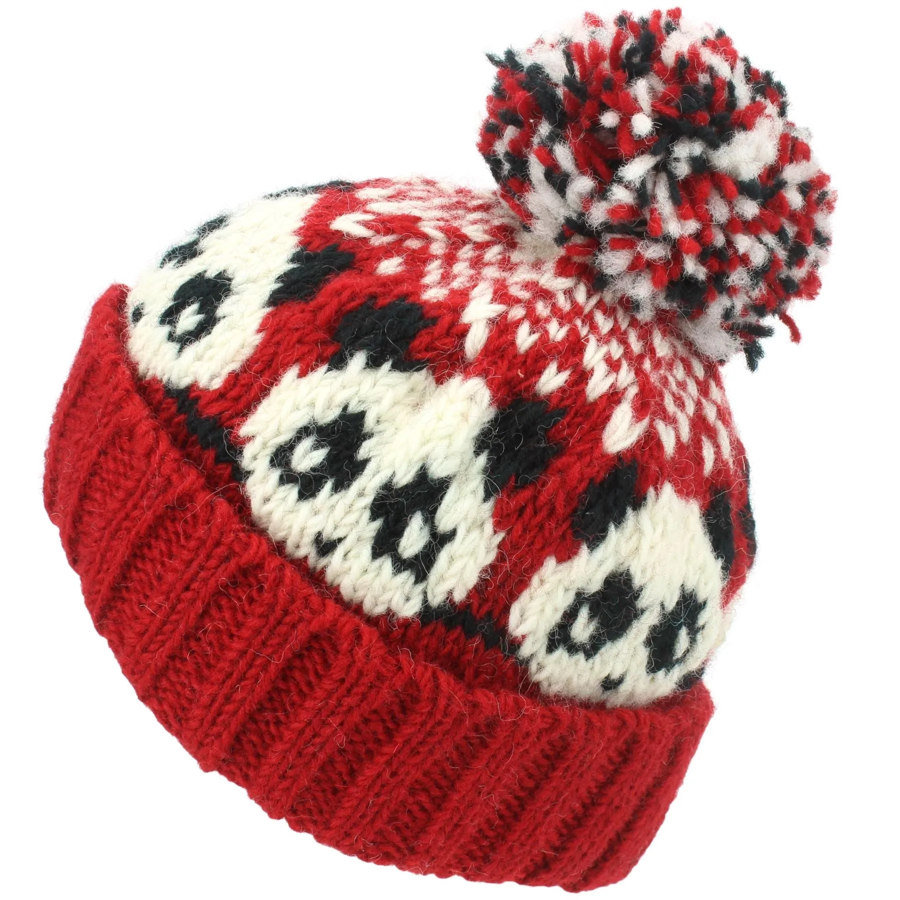 Wool Knit Bobble Beanie Hat - Panda - Red White