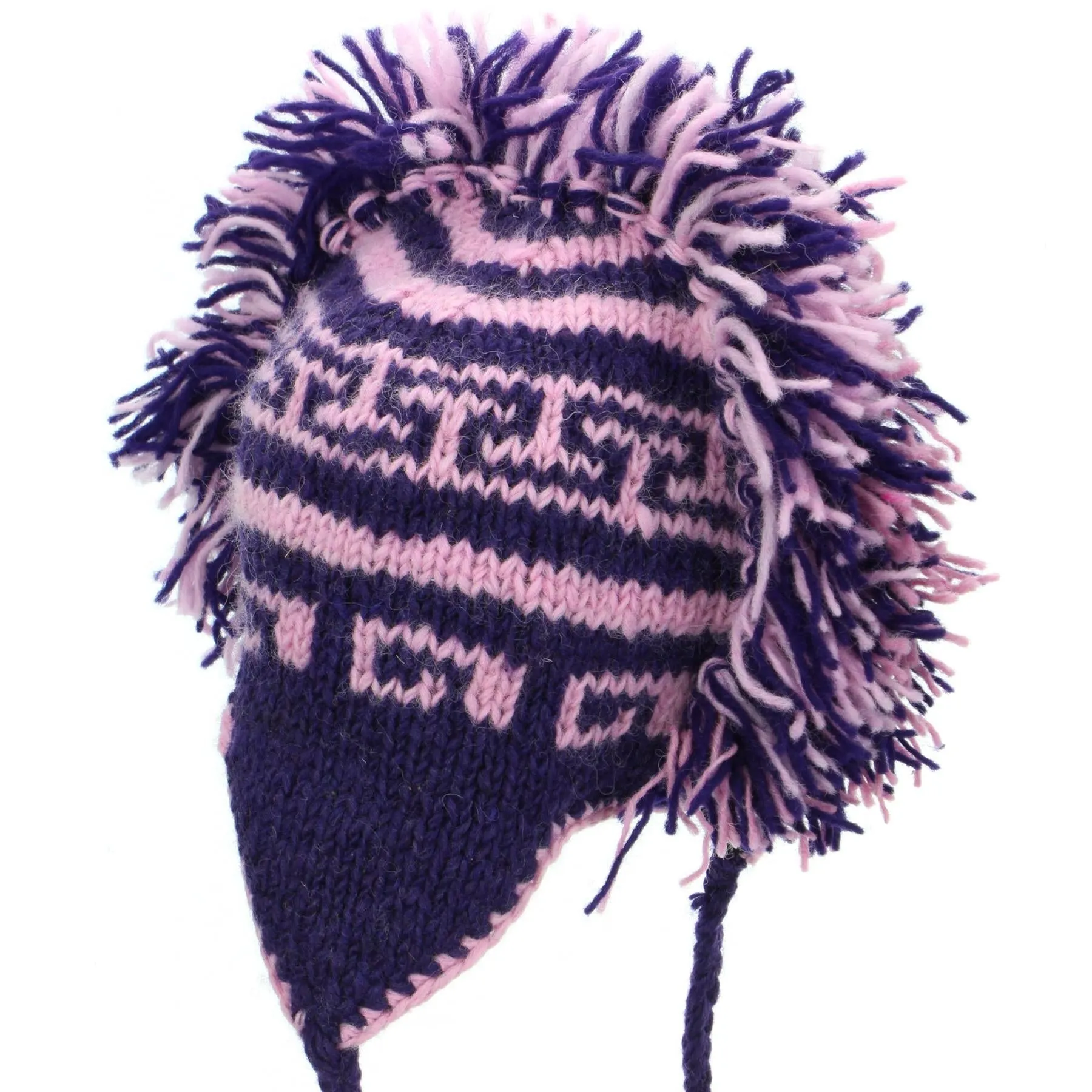 Wool Knit 'Punk' Mohawk Earflap Beanie Hat - Purple Pink Space Dye